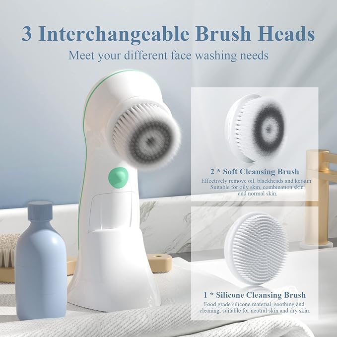 TOUCHBeauty Facial Cleansing Brush Electric, Face Cleansing Brush with Stand, 3 Brush Heads, 2 Speeds, IPX5 Waterproof, Battery-Powered, Suitable for All Skin Types, TB-0759D