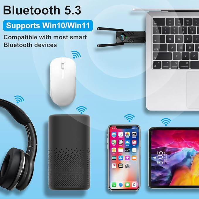 USB WiFi 6 Adapter with Bluetooth Dual 3dBi Antennas 5GHz/2.4GHz Dual Band Wireless Network Adapter for Desktop PC Laptop Windows 11/10/7 Gaming Streaming Stable Connection