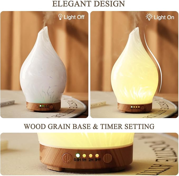 Porseme 150ml Essential Oil Diffuser Glass Color Changing Aroma Air Diffusers Aromatherapy Ultrasonic Cool Mist Humidifier 6 Running Hours Waterless Auto-Off for Sleeping Yoga Office Spa (White Wave)