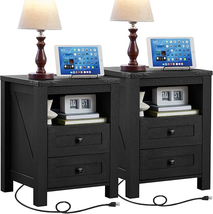 Night Stands with Charging Station Set of 2, Farmhouse Nightstand, Wooden Bedside End Tables with 2 Drawers and Open Shelf, Bed Side Table for Bedroom, Living Room, Closet, Office (Black)