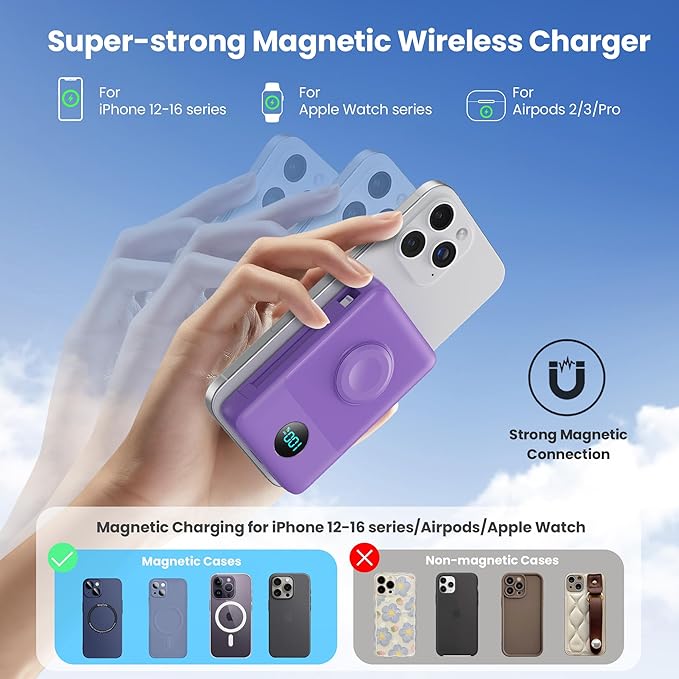Magnetic Portable Charger 10800mAh for iPhone with Built-in Cables, 6-in-1 Wireless Power Bank with iWatch Charger,25W PD Fast Charging USB C Battery Pack for iPhone 16/15/14/13/12,Apple Watch(Purple)