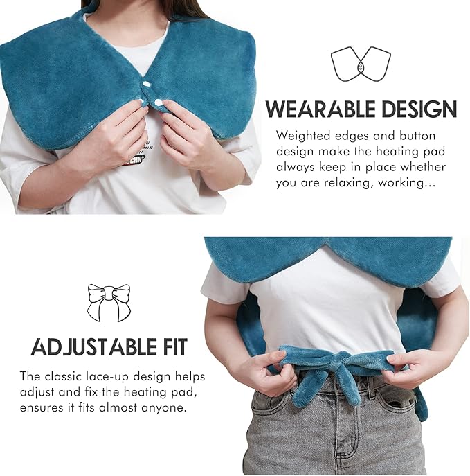 Heating Pad with Massager for Neck and Shoulders, Wearable Electric Heating Pads for Back Pain Relief, Auto-Shut Off, 6 Heat Settings, 4 Massage Modes, Large Size, UL Certified, Blue