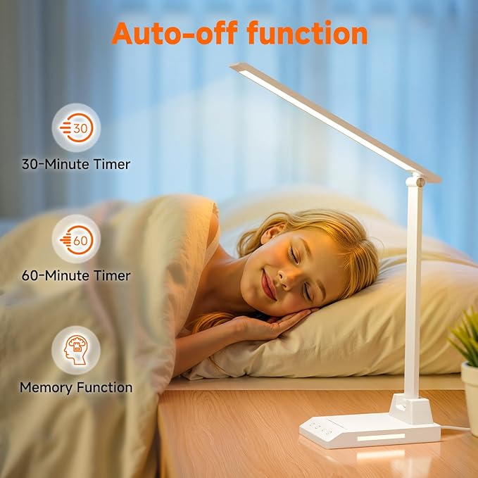 ShineTech LED Desk Lamp for Home Office, Dimmable Desk Light with 25 Lighting Combinations and USB Port, Memory and Timer Folding Reading Light for Study Nightstand, White