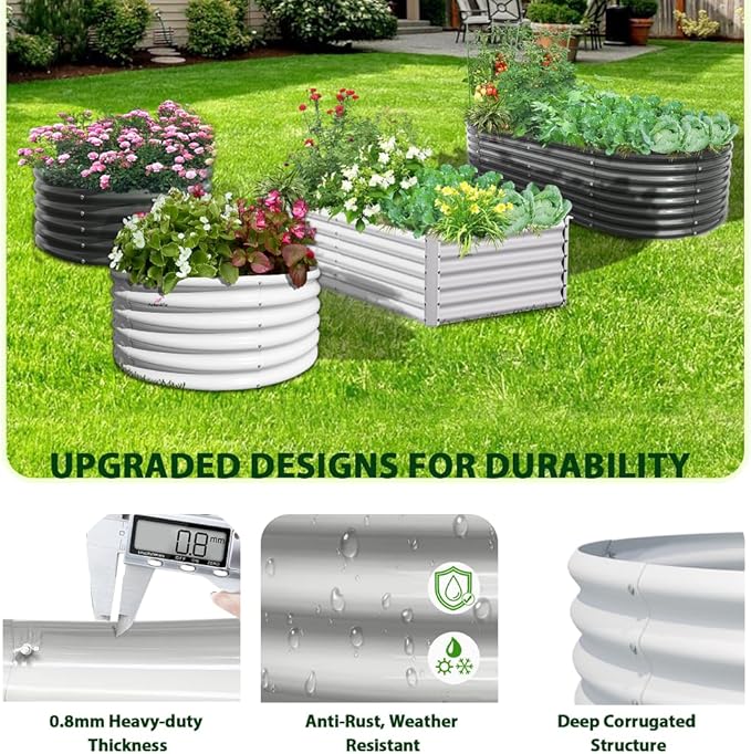 A ANLEOLIFE 6X3X2 ft Galvanized Raised Garden Beds Outdoor-6 Pack, Oval Large Metal Deep Root Planter Box for Planting Vegetables Flowers Herb, Anti-Rust & Easy-Setup, Antique White