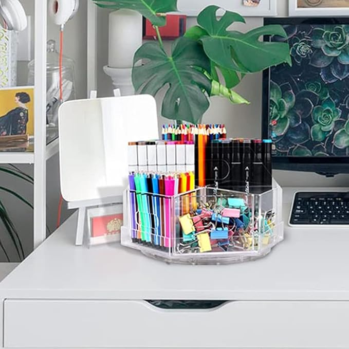 Large Capacity 360° Rotating Marker Organizer with 6 Compartments Acrylic Pen Holders Office Storage Supplies Holds over 600+ Pencils