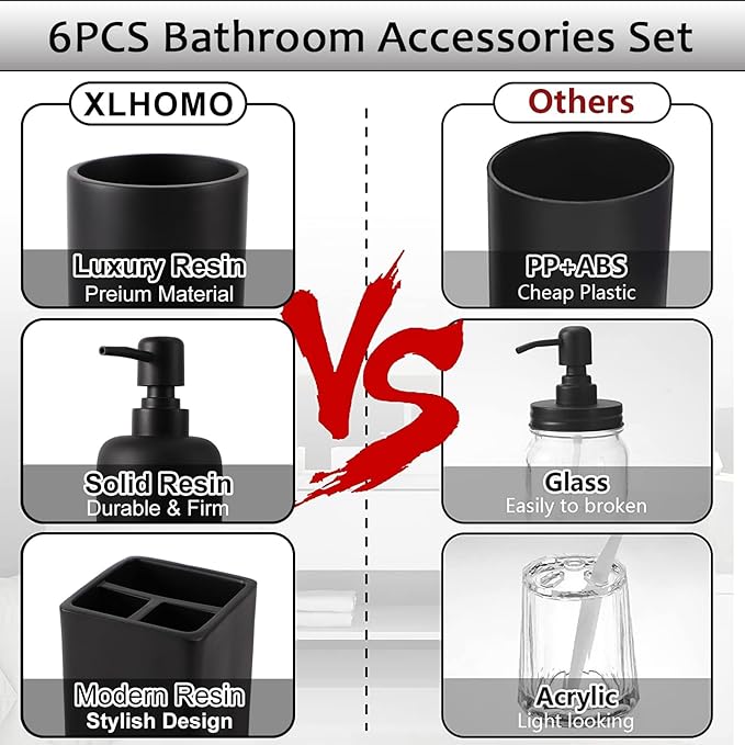 Resin 6 Pcs Black Bathroom Set Complete with Toothbrush Holder, Lotion Soap Dispenser, 2 Qtip Holder Dispensers,Vanity Tray,Bathroom Tumbler - Countertop Vanity Organizer - Bathroom Accessories Set