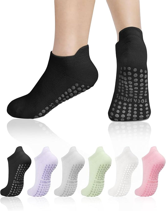 6 Pairs Pilates Socks for Women, Non Slip Yoga Socks with Grips for Barre Ballet Athletic Workout Barefoot Hospital