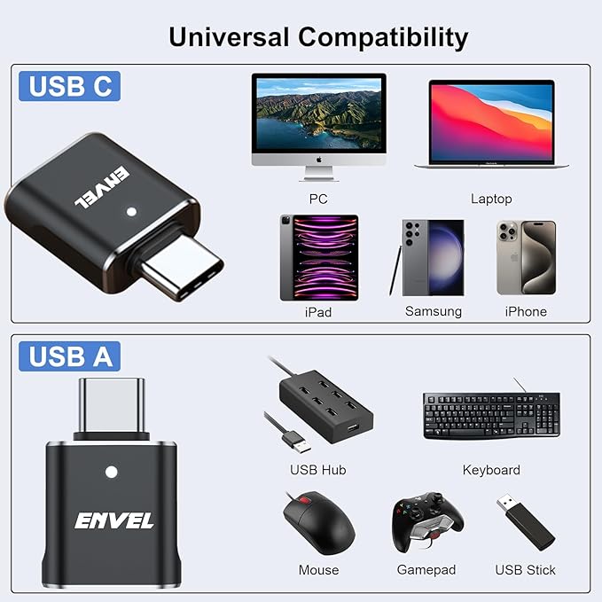ENVEL USB to USB C Adapter, 2 Pack USB3 10Gbps High Speed Data Transfer, OTG Converter Thunderbolt3 4 Compatible with Apple iWatch iPhone 15 16 Pro Max iPad Air 4 5 Mini 6
