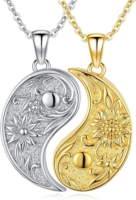 Yin Yang Necklaces 925 Sterling Silver Friendship Sun Moon/Mountain/Dolphin/Tree of Life/Flower/Wings Pendant Necklace Moonstone Abalone Opal Jewelry for Women Men Couples