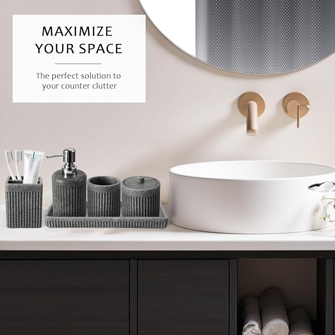 8-Piece Grey Bathroom Set - Resin Bathroom Accessories Sets Complete with Shower Curtain and Rugs, Soap Dispenser, Toothbrush Holder, Tumbler & Apothecary Jars