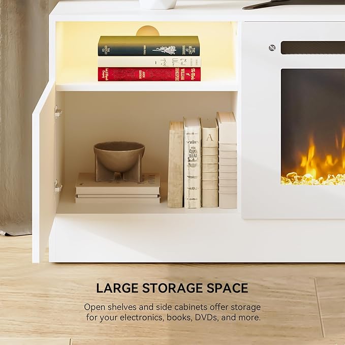 70" TV Stand with 36" Electric Fireplace, Large Modern Media Entertainment Center with Storage Cabinet and 12 Colors LED Lights for TVs Up to 80",All White