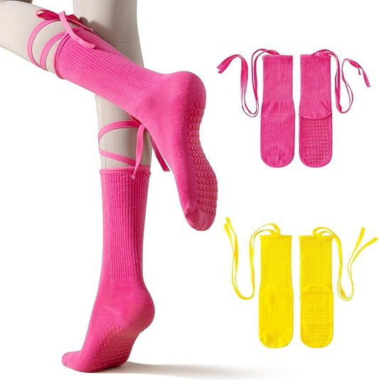 Non-Slip Pilates Yoga Socks with Grips for Women - Stylish Crew Socks for Barre, Ballet, and Workout (Size 5-9)