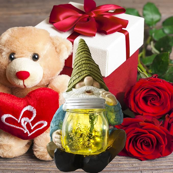 Solar Firefly Jar Gnome Waterproof- Large Garden Gnome Funny Solar Outdoor LED Lights Resin Statues 10.6" Lantern Figurines Decorations Birthday Gifts for Mom Women - Unique Housewarming Gifts