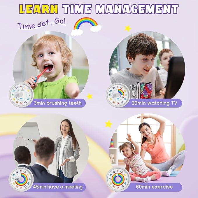 HIPPIH Visual Timer for Kids, 60 Minute Countdown Timers for Classroom Kitchen Office, Rainbow Disk Desk Timer Clock with Silent Operation, Pomodoro Timer Time Management Tools for Toddler ADHD White