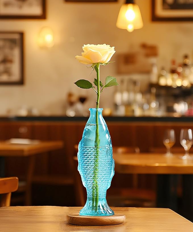 Nacome Fish Vase Glass Plant Terrarium with Wooden Stand,Planter Propagation Station for Home Office Hydroponics Desk Decoration,Unique Gardening Gifts for Plant Lovers Women Mom(Blue)