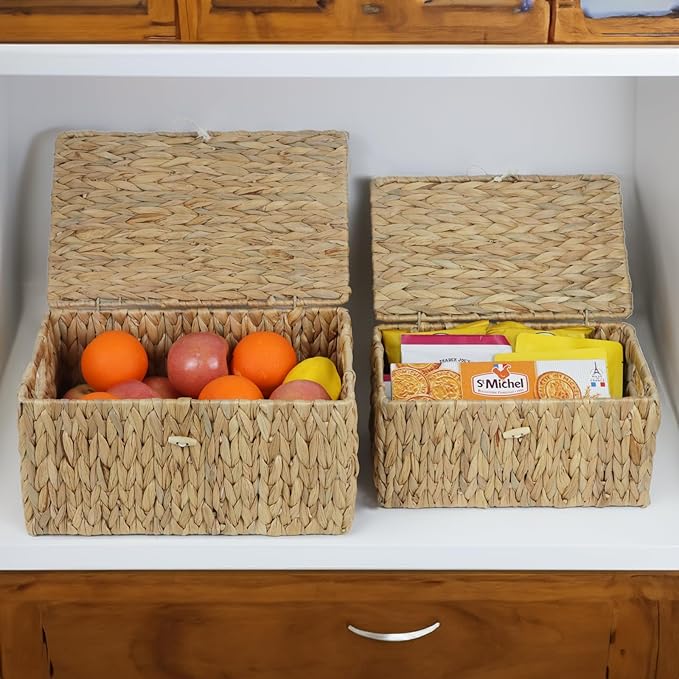 Set of 2 Wicker Basket with Lid, Rectangular Water Hyacinth Storage Baskets for Organizing, Decorative Woven Basket Bins Boxes for Organizing Home (14.2" x 9.4" x 7" + 12.2" x 7.8" x 6")