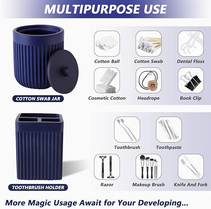 Resin Navy Blue Bathroom Accessories Set 5 Pcs, Lotion Soap Dispenser, Toothbrush Holder, Bathroom Tumbler, Qtip Holder and Vanity Tray, Bathroom Countertop Organizer Set for Modern Apartment