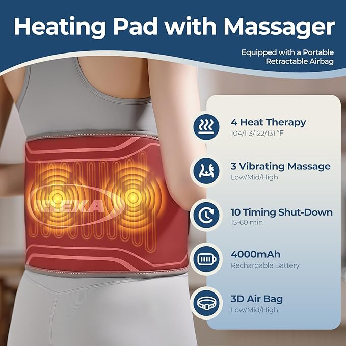 Heating Pad for Back with Auto-Inflatable Massager, 58’’ Cordless Lower Back Massager with 3 Vibration and 4 Heat, Portable Heated Pads for Back Pain Relief, Gifts for Women Men Family