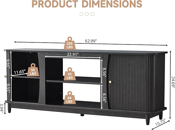 TV Stand, Fluted Media Console Table with Storage and Sliding Door, Farmhouse Entertainment Center for Living Room, Home Office (Black-No Fireplace)