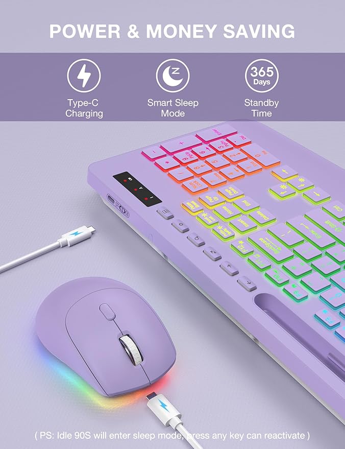 SABLUTE Wireless Keyboard and Mouse Combo, 9 Backlit Effects, Wrist Rest, Phone Holder, 2.4G Lag-Free Ergonomic Keyboards, Rechargeable Silent Cordless Set for Computer, Laptop, Mac, Windows（Purple）