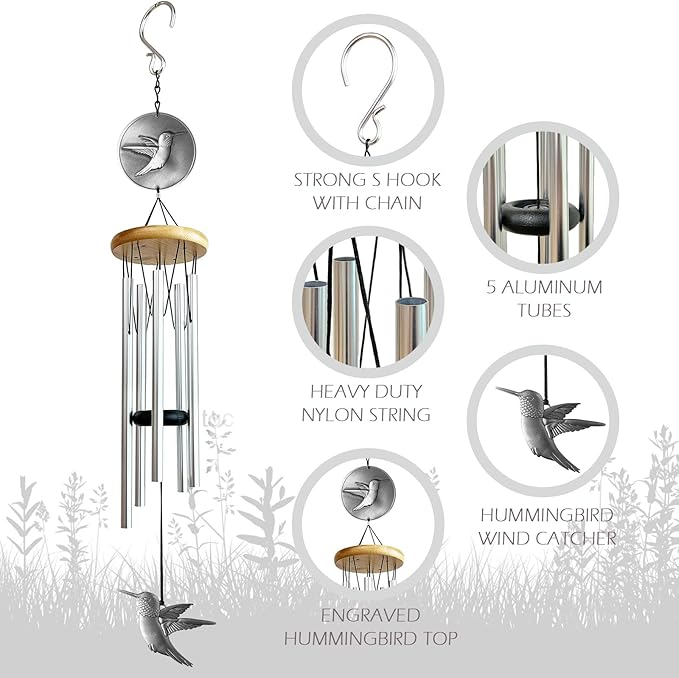 Hummingbird Wind Chimes for Outside,29 "Outdoor Wind Chimes Hummingbird Gifts for Women/Mother/Father/Christmas/Unisex,Unique Windchimes Outdoors Patio Home Yard Garden Decor(Silver)