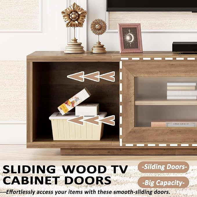 HSH 55" TV Stand for TVs up to 60 Inch, Entertainment Center with Sliding Doors and Under TV Storage Cabinet,Modern TV Media Console Wood for Living Room and Bedroom,Rustic Oak