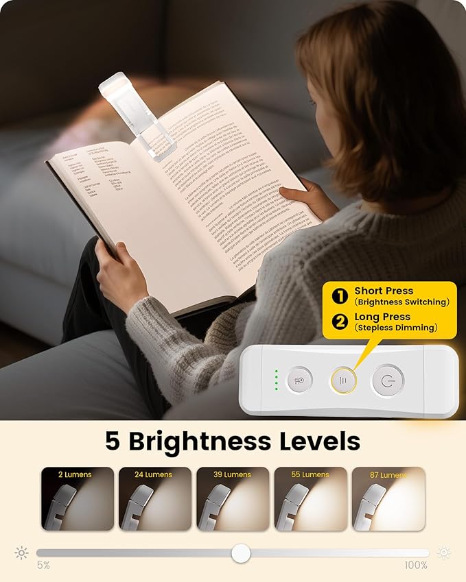 Glocusent Rechargeable Book Light, 1000 mAh Battery for 160 Hrs, 3 Amber Colors & Stepless Dimming Reading Light - Clip on Book Light for Reading in Bed, Ideal for Book Lovers Kids