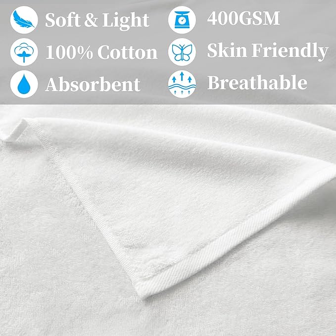 White Workout Towels for Gym (2PC, 16"x43") - 100% Cotton, Breathable, Soft & Absorb - Sweat Towel for Men & Women, Sports Hand Towel for Yoga, Shower, Tennis, Running, Exercise & Fitness
