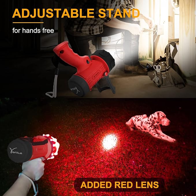 YIERBLUE Rechargeable Spotlight Flashlight with Super High High Lumen LED, IP67 Waterproof Long Running Spot Light searchlight, Impact Resistant Handheld Spotlight with Foldable Stand and Red Lens