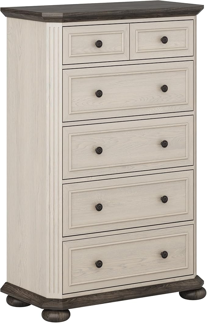 BELLEZE 48" Drawer Dresser Chest with 5 Drawers, Rustic Tall Wooden Bedside Storage Cabinet Farmhouse Clothes Organizer for Bedroom or Living Room, Antique White