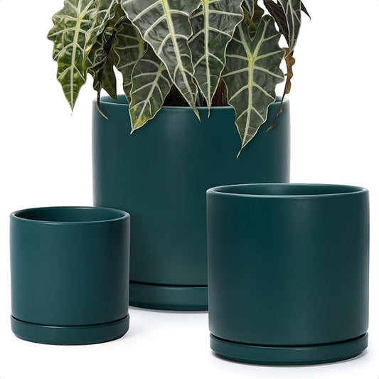 D'vine Dev 6 Inch & 8 Inch & 10 Inch, Set of 3 Round Ceramic Planter Pot with Drainage Hole and Saucer, Teal, 94-T-L-9