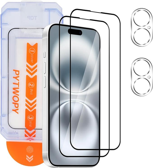 Glass Screen Protector for iphone 16 6.1 inch[2 Pack][Easy Installation],with 2 Camera Lens Protectors,HD Clear Full Screen Tempered Glass,Case Friendly