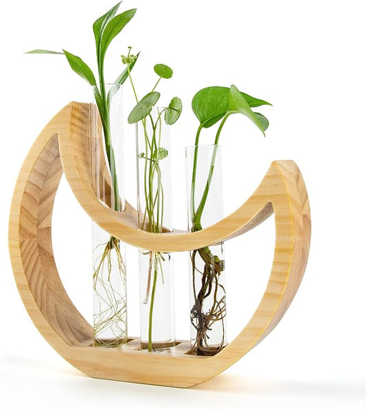 Plant Propagation stations, Crescent Moon Table Terrarium Stand for Indoor houseplants, Wooden Wall Boho Hanging Planter Vase with Glass Test Tube for Office Decor Aesthetic, Gift for Women Mom