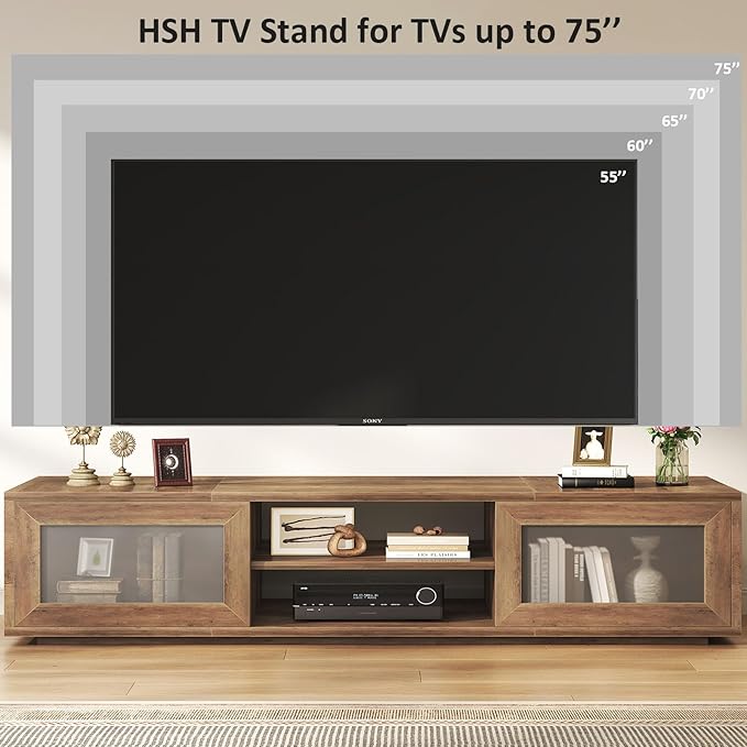 HSH 70 inch TV Stand for 75" TV,Entertainment Center for Living Room Under TV Storage Cabinet,Modern TV Media Console Wood with Sliding Doors for Bedroom,Rustic Oak
