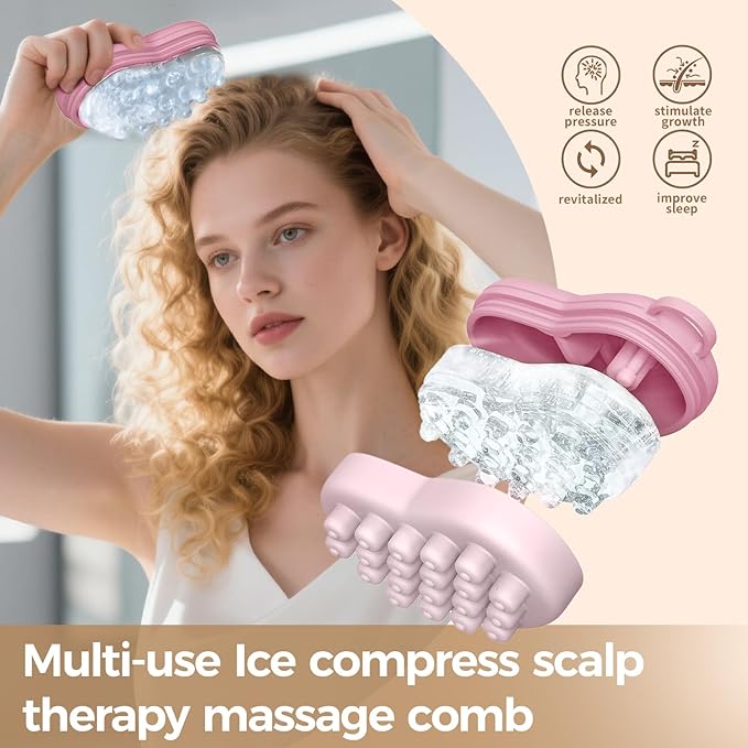 Ice Compress Scalp Massager Hair Growth Massage Comb - Upgraded Raised Dot Ice Tray Design for Tension Headache Relief and Scalp Care (Pink)