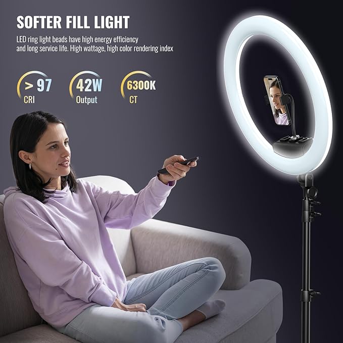 Ring Light with Stand, 19in LED Selfie Circle Light, Max 8ft/2.5m Tripod Stand, 3 Holders for iPhone, Remote Control, 6300K Color Temperature for Live Streaming, Barber, Makeup, YouTube, Tiktok