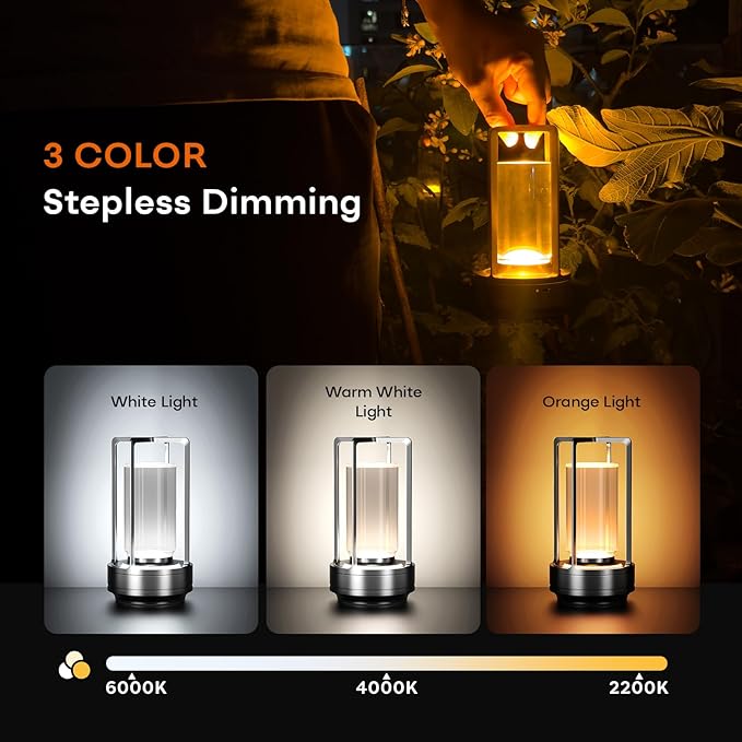 Portable Outdoor Table Lamp, Cordless Dimmable Touch Table Light, Rechargeable Battery Operated Small Lamp with 3 Colors and Brightness Control for Bedroom/Patio/Camping/Bar/Coffee Shop (Grey)