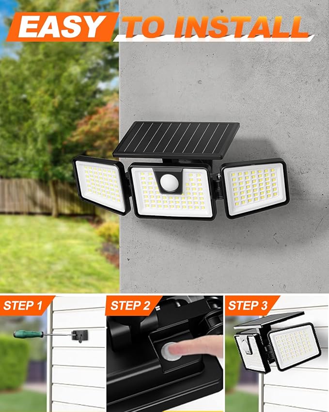 INCX Solar Motion Sensor Lights Outdoor, 3 Heads Security Lights Solar Powered, 156 LED Flood Light Motion Detected Spotlight for Patio Yard Garage Entryways, IP65 Waterproof 4 Pack