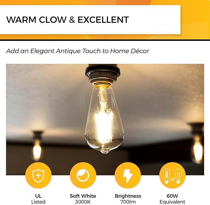 Hizashi LED Edison Bulbs, 6W, Equivalent 60W, Dimmable E26 LED Bulb, 3000K Soft White, 95+ CRI 700 Lumens, ST19 Vintage Light Bulbs, Clear Glass, Pack of 4