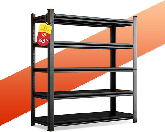 Heavy Duty 5-Tier Steel Shelving Unit, 2500LB Capacity Adjustable Storage Rack for Garage, Warehouse & Basement, Easy Tool-Free Assembly (Black, 45.3''W×15.7''D×63''H)