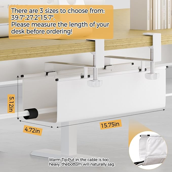 Under Desk Cable Management Tray 15.7" - No Drill Computer Wire Organizer Cable Tray, Fabric Cord Hider Clamp Mount, with 16X Cable Ties PC Cables Management Cord Holder for Office/Home (White)