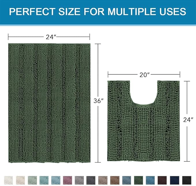 H.VERSAILTEX Bathroom Rugs Bath Rug Set 2 Piece Bathroom Contour Rug Toilet Mat Sets Non Slip Contour Bath Rug Ultra Thick Water Absorbent Striped Bath Mats(36" x 24" Plus 20" x 24" U, Bronze Green)