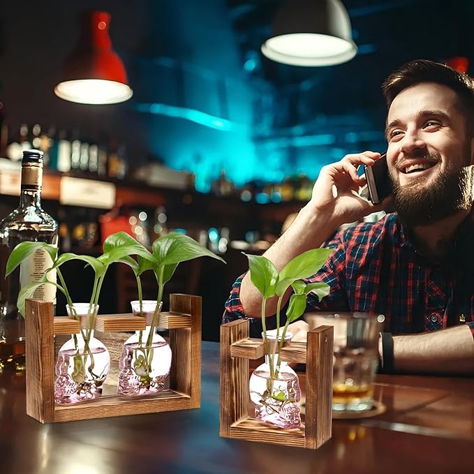 2+1 Plant Terrarium Plant Propagation Station Gifts for Father Halloween Skull Home Office Decor with Wooden Stand