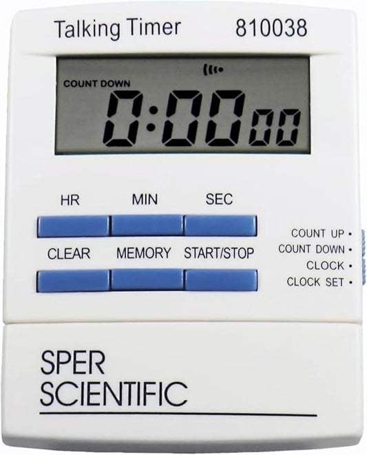 Sper Scientific Talking Timer with Audible Countdown Voice Announcements 810038 - Large LCD Display, Hands-Free Timer with Loud Alarm & Memory Recall - Perfect for Cooking, Labs, Fitness & More