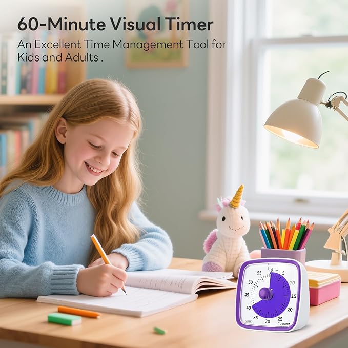 Yunbaoit Visual Timer with Night Light, 60-Minute Countdown Timer for Kids and Adults, Silent Classroom Timer, Time Management Tool for Home, School, or Work (Purple)