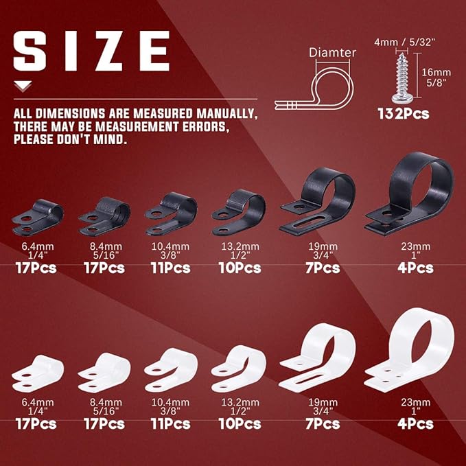 Hilitchi 132 Pcs 6 Sizes Black and White Plastic Cable Clamp R Type Screw Mounting Cord Fastener Cable Clips Assortment Kit with Screws for Wire Management Cable Conduit (Clips from 6mm to 23mm)