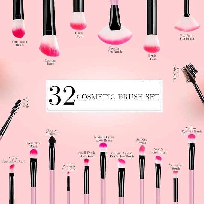 Makeup Brushes, VANDER 32pcs Makeup Brush Set Professional Soft Synthetic Foundation powder concealer blending Make up Brushes, eye shadow blush face brush set, Pink（Cosmetic bag not included）