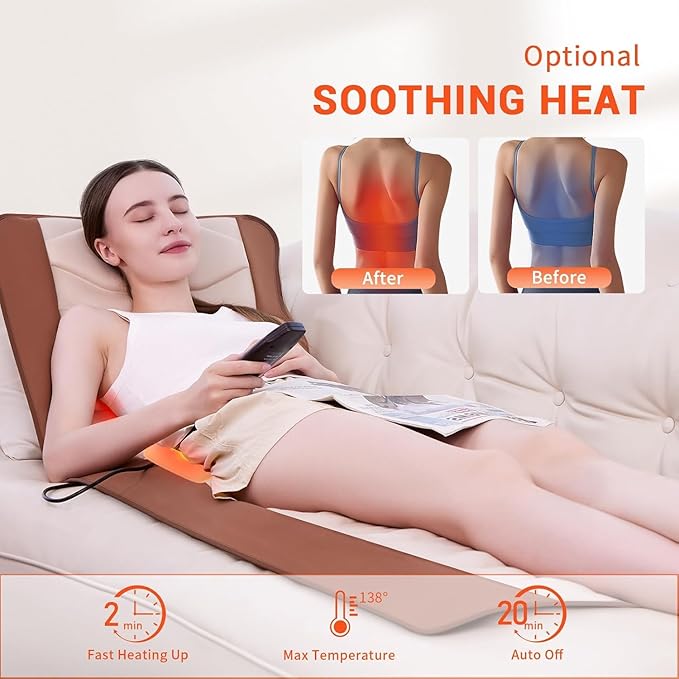 Full Body Massage Mat with Heat, Back Massager for Pain Relief Deep Tissue, Back Massage Pad with Lumbar Support Traction，Pillow-Free, 10 Vibration Motors & 5 Massage Modes, 2 Heating Pads for Back