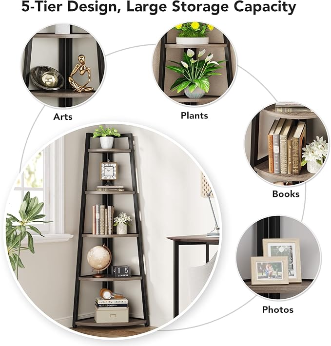 Tribesigns 70 inch Tall Corner Shelf, 5 Tier Industrial Corner Bookshelf Bookcase Industrial Corner Ladder Shelf Plant Stand for Living Room, Kitchen, Home Office (Grey)