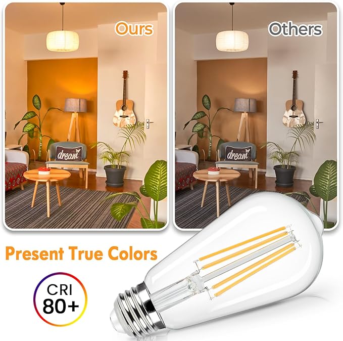 Brightever Vintage LED Edison Bulbs 60W Equivalent, 6W ST58 Warm White 2700K Antique LED Filament Bulbs with E26 Medium Base, Clear Glass Style for Table Lamps, Wall Sconces, No-dimmable 8 Packs